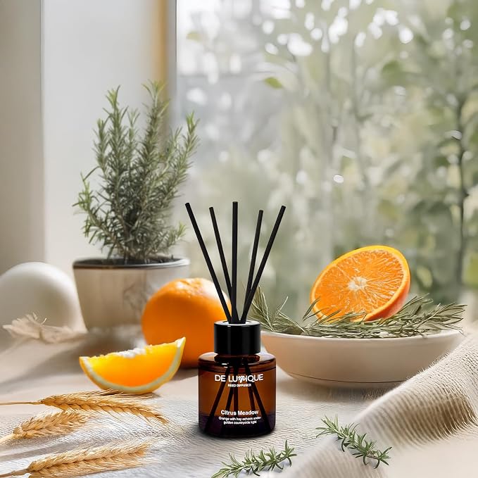 Citrus Meadow Scent Luxury Reed Diffuser – with Orange, Lemon, Thyme & Hay – Long-Lasting Diffusers for Home, Premium Essential Oils for Bedroom, Bathroom & Office