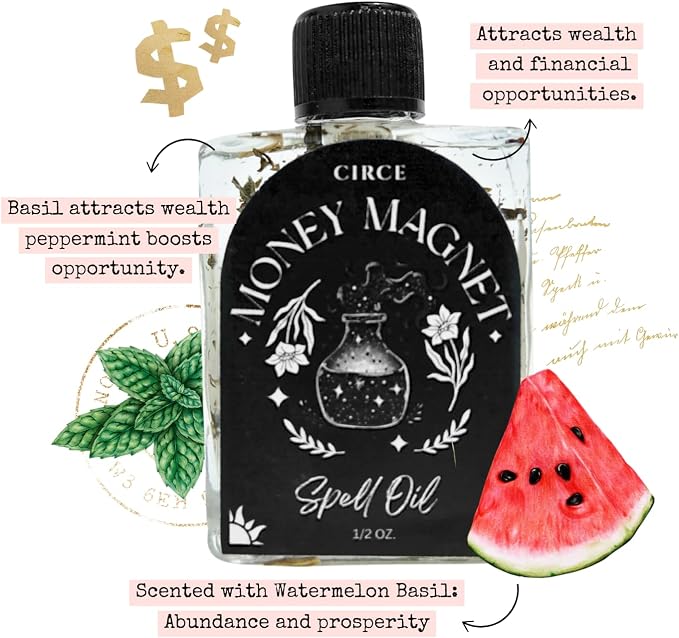 CIRCE Money Magnet Spell Oil – Manifest Wealth, Financial Prosperity, Success & Abundance – Add to Bath, Use in Rituals or Wear as Fragrance – Coconut Oil, Basil & Peppermint, 1/2 oz