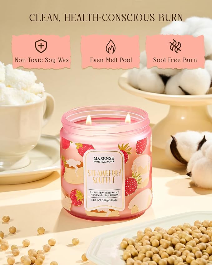 M&SENSE 2 Wick Strawberry Souffle Scented Candle,11.6oz Natural Soy Wax Non Toxic for Home, Up to 70 Hours Burn time,Fall Decorations for Home