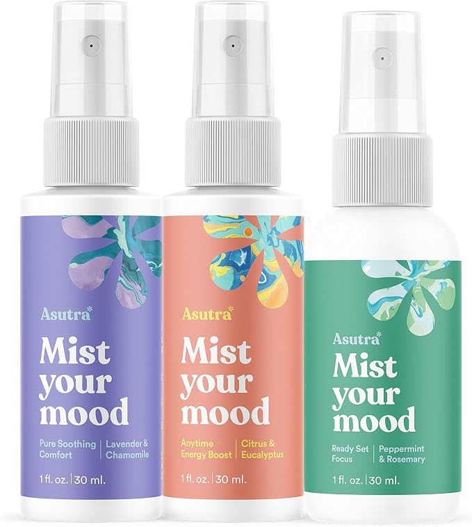 ASUTRA Bundle Set - 1 Purple Silk Eye Pillow for Sleep Filled w/Lavender Buds & Flax Seeds and 1 Multi-Use Essential Oil Aromatherapy Spray (3 Scent Mini Sampler)