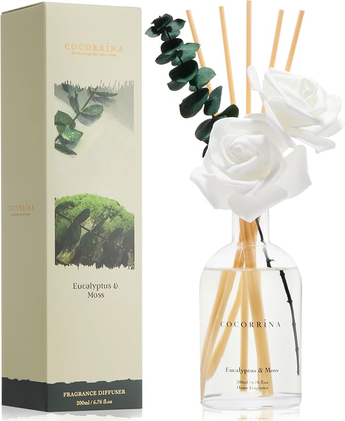 COCORRÍNA Reed Diffuser - Eucalyptus & Moss Scent, 6.76 fl oz Essential Oil with 8 Reed Sticks - Home Fragrance for Bedroom Bathroom Shelf Décor