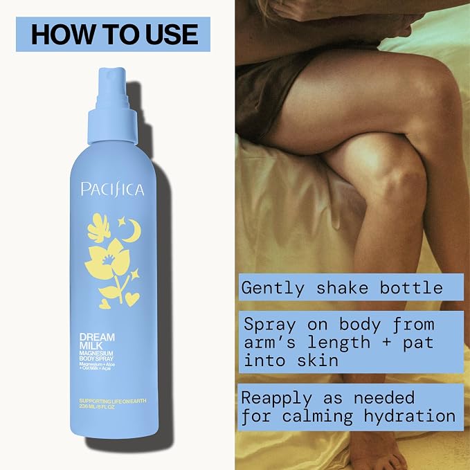Pacifica Dream Milk Magnesium Spray for Sleep & Relaxation - Natural Magnesium Body Mist Infused with Lavender, Chamomile & Essential Oils, Vegan & Cruelty-Free, Clean Beauty, 8 fl oz