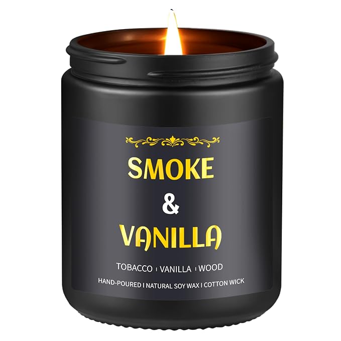 Smoke & Vanilla Candle, 7 oz Scented Candle for Men, Soy Candles for Home Scented, Masculine Jar Candle for Him, 50 Hours Burning Time Mens Candle Gift for Boyfriend, Father, Birthday Present Giving