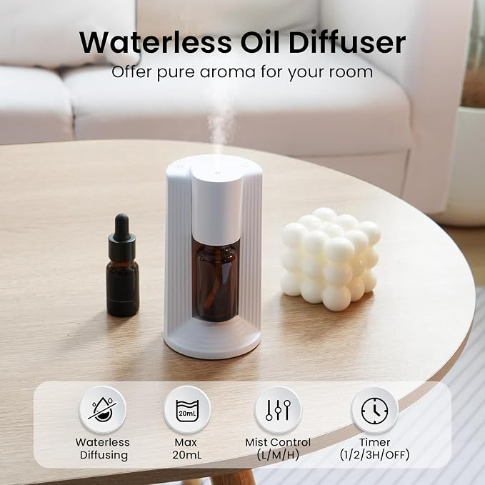 LAMA Waterless Essential Oil Diffuser, Portable Small Mini Scent Air Machine, Quiet Leak-Proof Home Fragrance Aroma Diffuser, USB Air Freshener with 1/2/3H Auto-Off Mode, 3 Mist Levels, White