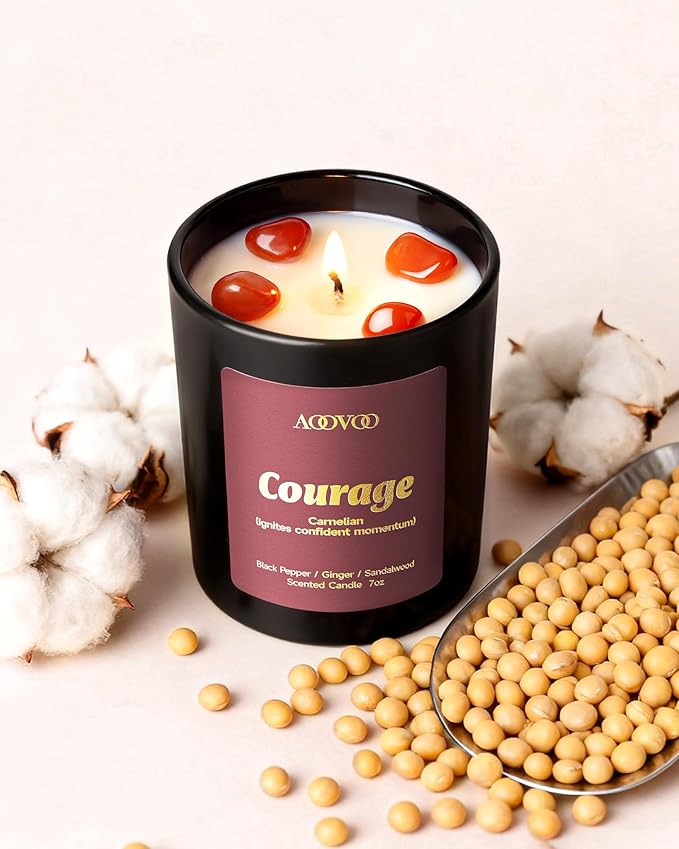 AOOVOO Crystal HEAL Candles Set - 4 Pack Candles for Home Scented, Aromatherapy Candle with Crystals, Resilient Obsidian/Focused Tiger's Eye/Courage Carnelian/Grounded Smoky Quartz