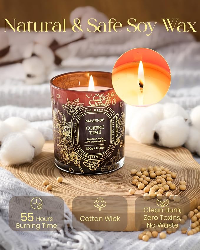 M&SENSE Coffee Soy Candle, Morning Boost Focus Long Lasting Gift | Roasted Coffee Atmosphere, Clean Soy Wax Slow Burn, Non-Toxic Office Desk Safe, Reusable Golden Stamped Jar