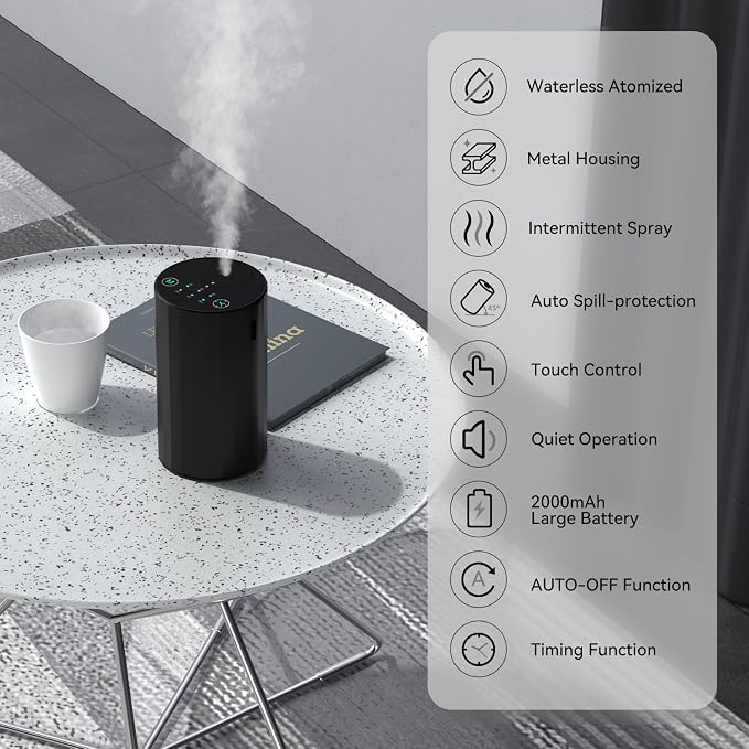 Waterless Essential Oil Diffuser Aromatherapy Scent Diffusers for Home Large Room, Bedroom, Car, Office, Desk, Battery Operated Mini Portable Air Freshener (Black)