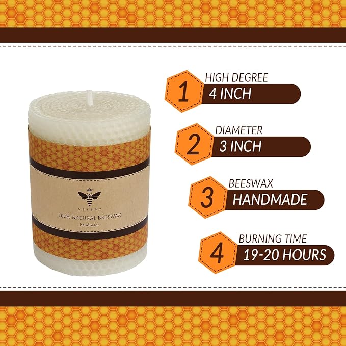 DEYBBY Natural White 3×4 in Beeswax Pillar Candle - Handmade Pure Organic Beeswax Honeycomb Rolled Candle for Home Study Decor Housewarming Gift
