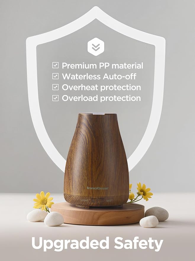 InnoGear Essential Oil Diffuser, Ultrasonic Diffusers for Home Aromatherapy Humidifier for Bedroom Room 7 Colors LED 2 Mist Mode Auto Off, Bronze