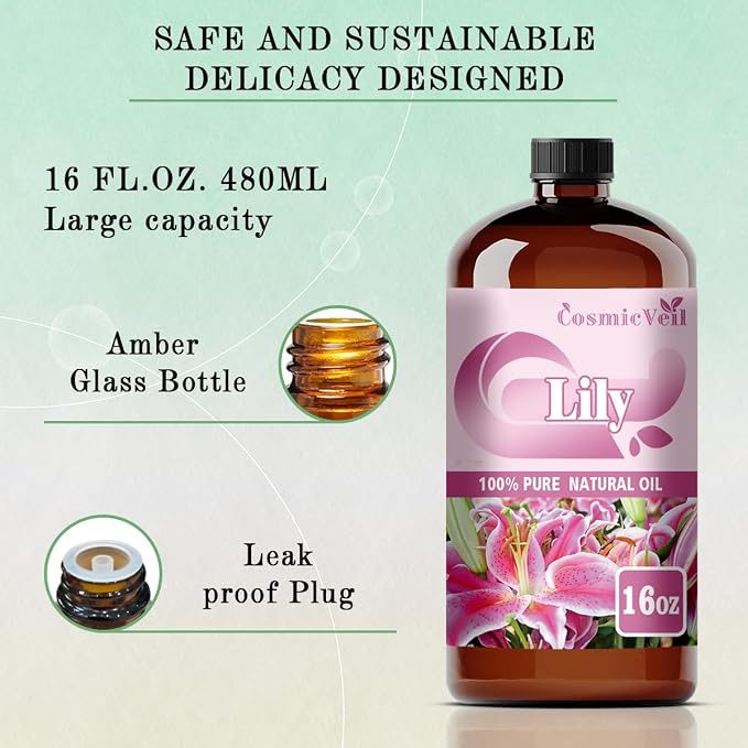 Lily Essential Oil for Aroma Diffuser,Humidifier,Home Fragrance,Cleaning,Body Care,Massage,Yoga,DIY Candle,DIY Soap CosmicVeil（Lily，16 Fl Oz (Pack of 1)）