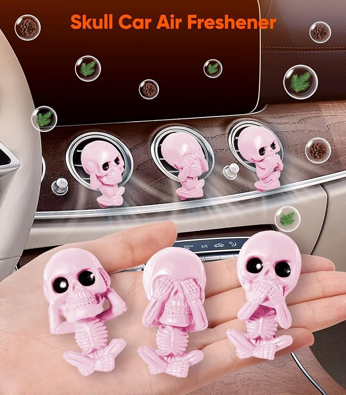 Skull Car Air Freshener Vent Clips, Goth Decor Interior, Gothic Halloween Cool Decoration Horror Skeleton Dashboard Accessories Spooky, Cute Funny Gifts for Men Women