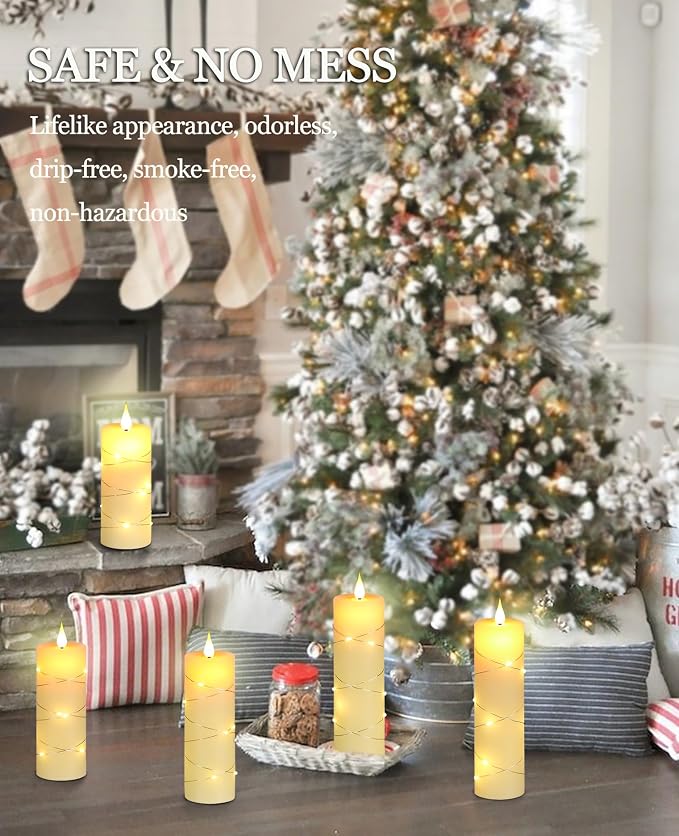 Upinmz Flickering Flameless Candles with Embedded String Lights, Battery Operated Candles with Remote Control and Timer,LED Candles for Home Decoration,Real Wax, 5 Pack Ivory