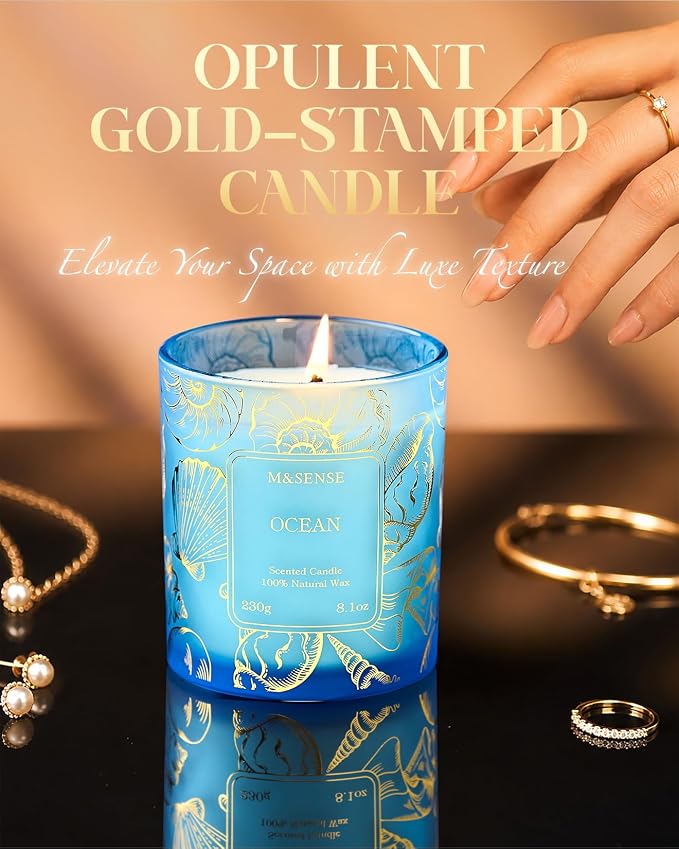 M&SENSE Natural Soy Wax Ocean Scented Candles, 8.1oz Non Toxic Soy Candle 42-Hour Slow Burning, Summer Fresh Smelling Candle for Bathroom Decor, Stress Relief Aromatherapy Candle Gifts