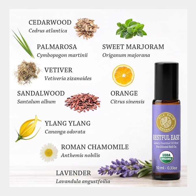 Silk Road Organic Restful Ease Essential Oil Sleep & Stress Blend Roll On - 100% Pure USDA Certified with Indian Sandalwood - Stress Ease Aromatherapy & Calming Relaxation - 10 ml Roller