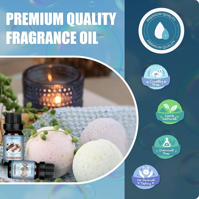 WUSEONY Clean Fragrance Oils Set, Premium Essential Oils for Diffuser for Home, Scented Oil for Soap & Candle Making Scents - Lemongrass, Aloe, Blossom Soap, Fresh Linen, Soft Powder, Cool Cotton