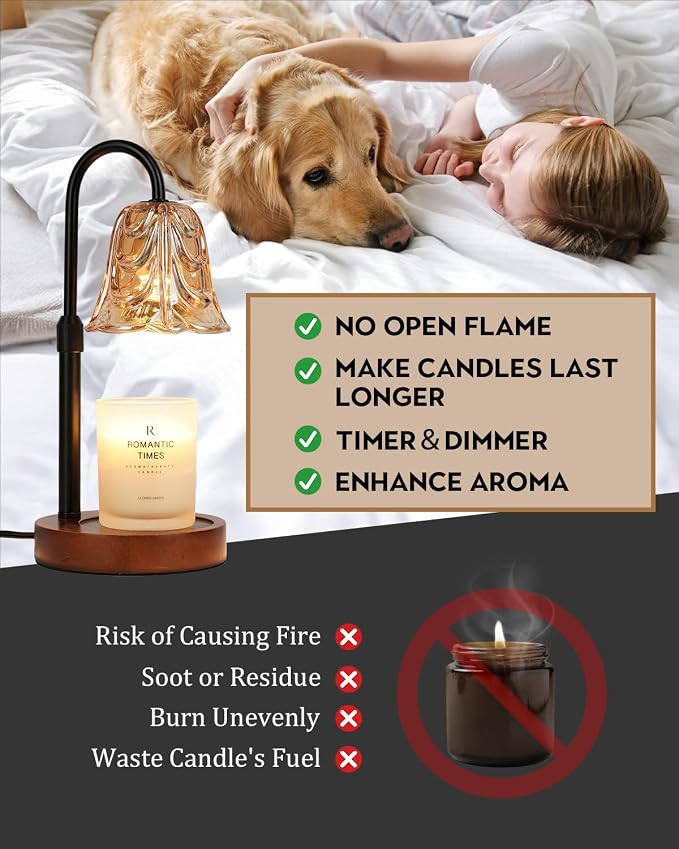Small Candle Warmer Lamp with Timer, Adjustable Flower Lamp Warmer for Jar Candles, Unique Women Gifts for Birthday, Dimmable Candle Heater, Mothers Day Gifts, Cute Wax Warming Light with Wood Base