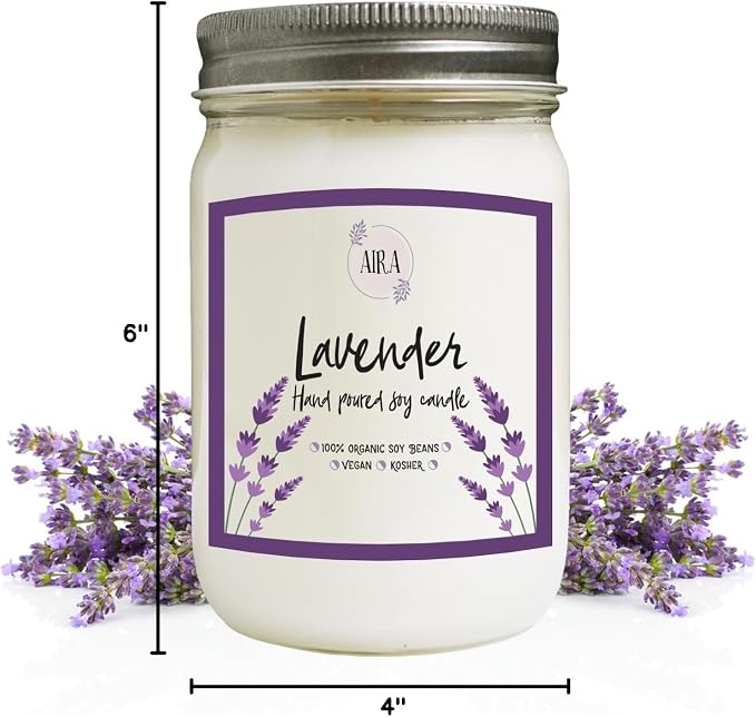 Aira Soy Candle – Pure Lavender – 12 oz Mason Jar – Hand-Poured USA – Long-Lasting Vegan Soy Wax Candle – Relaxing Aromatherapy – Paraffin-Free, Kosher, Cruelty-Free
