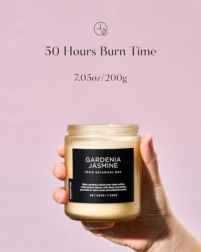 M&SENSE Gardenia Jasmine Scented Candles, 7.05oz Natural Soy Wax, Clean Non Toxic, 50 Hours Slow Burning Floral Scented Aromatherapy Candle for Housewarming Gifts Bath & Office