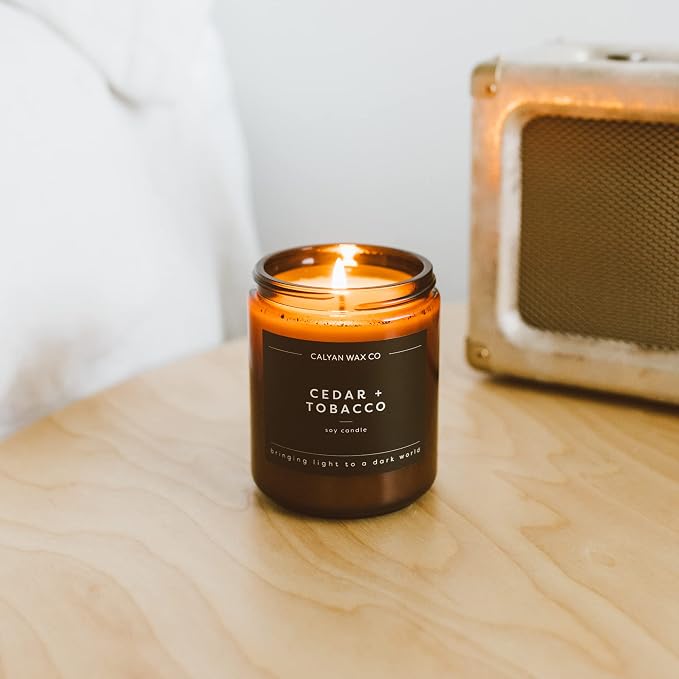 Calyan Wax Co. Cedar & Tobacco Scented Candle - 57 Hour Burn - Luxury Clean Soy Wax Candles - Long Lasting Amber Glass Jar Candle for Home - 7.2oz