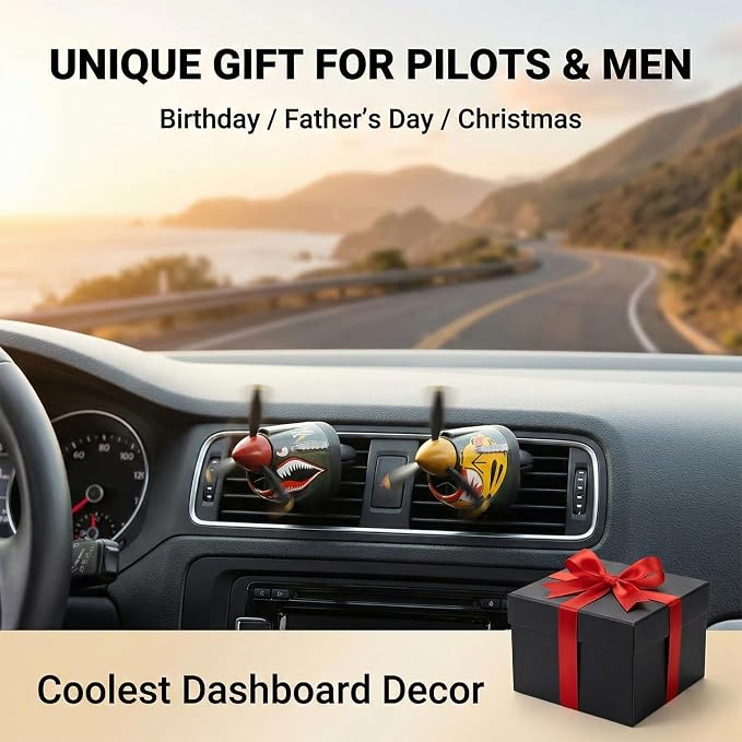 P-40 Warhawk Car Air Freshener with Spinning Propeller - Vent Clip Dashboard Decor for Men, Long Lasting Odor Eliminator & Aviation Gift (BLACK-P40-SHARK-2SET)