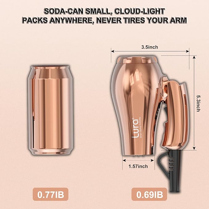 LURA Mini Portable Travel Hair Dryer:Dual Voltage Small Lightweight Blow Dryer with EU Plug,1200W Compact Hairdryer with Folding Handle,with Concentrator&Diffuser Attachment,for Women and Men