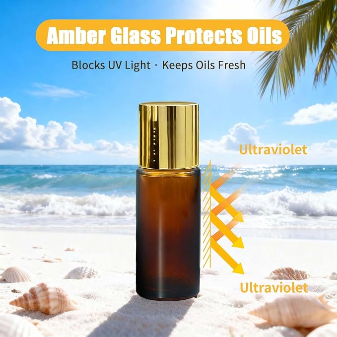 Citrine Crystal Roller Bottles for Essential Oils, 50ml Refillable Amber Glass Roll On Bottles with Natural Crystal Roller Balls, Leak-Proof Travel Perfume Bottle with Gold Caps