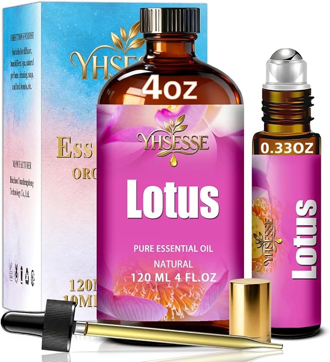 Lotus Essential Oil, Lotus Oil 4 Fl Oz 120ml for Diffuser Yoga Soap & Candle Making – with 0.33 Oz Roller Ball & Dropper YHSESSE Essential Oils