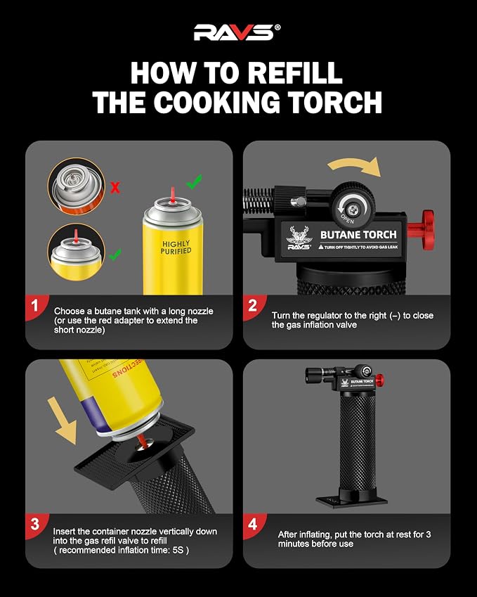 RAVS Butane Torch Lighter, DUAL Flame Mode Kitchen Torch with Adjustable Flame, Refillable Creme Brulee Torch for Baking, Cooking, Metal Body Soldering Torch, Black/Red, Butane Gas Not Included