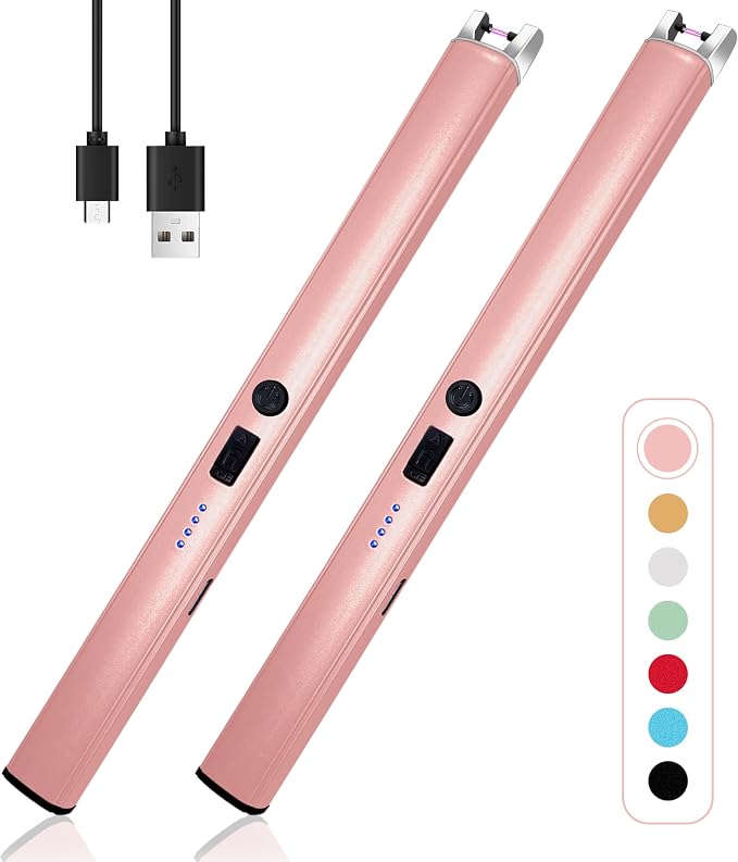 2 PCS Candle Lighter,Windproof Flameless Electric Lighter with LED Power Display ＆ Safety Switch, Upgraded Plasma USB Rechargeable Lighters for Birthday Camping BBQ (Pink)