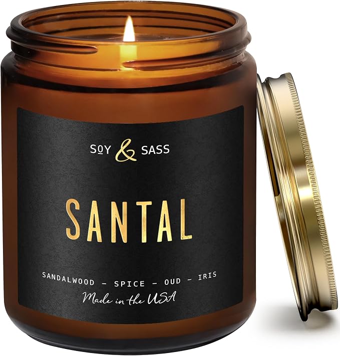 Santal Candle - Sandalwood Candles I Scented Black Candles for Men or Women - Sandalwood, Spices & Leather Soy Wax Mens Candle -Infused w/Essential Oils | Long 50Hr Burn, 9oz I Non Toxic I Made in USA