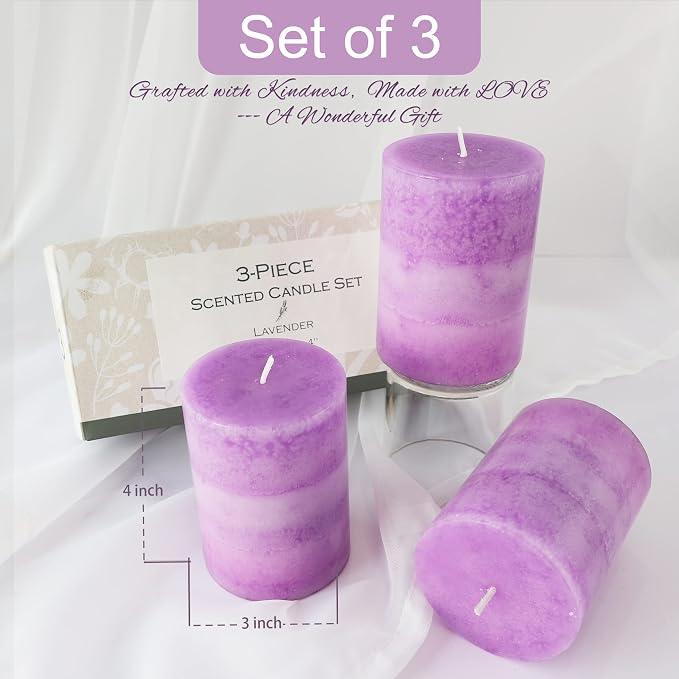 CRYSTAL CLUB Lavender Pillar Candles, Purple Aromatherapy Heritage Scented Candles, Clean Burning and Dripless Candle Lights, Tall 3X4 Inch Lavender Fragrance Candles for Home Décor