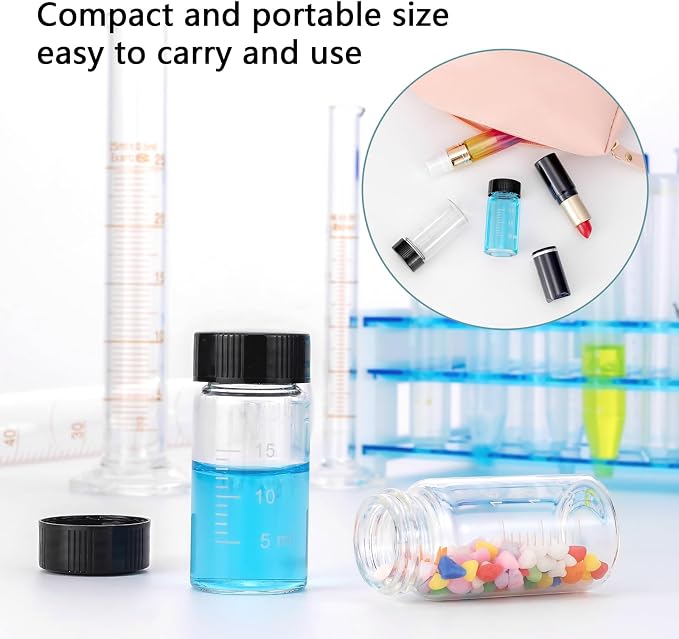 Kesell 18 Pack 20ml Glass Sample Vial Clear Graduated Bottles Empty Reusable Liquid Vials with Plastic Screw Cap and 5 Funnels