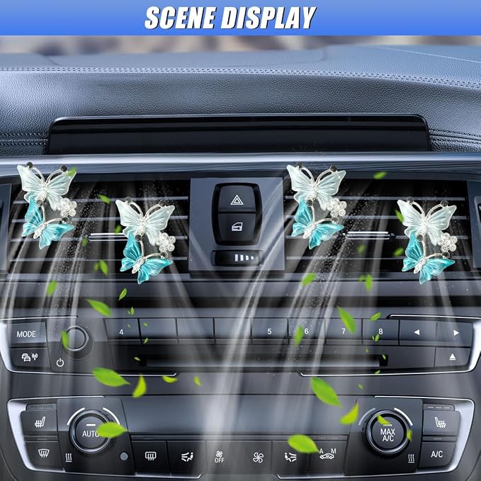 ZIMISI Car Vent Clip, Dual Butterfly Air Vent Clips, Bling Diamond Car Diffuser Clips, Cute Air Conditioning Outlet Decoration, Butterfly Car Accessories for Women (4Pcs/Blue)