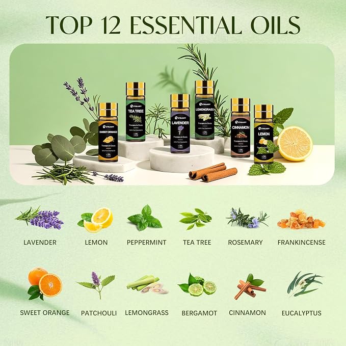 Essential Oils Set, 12 pcs Pure Essential Oil for Diffuser, Humidifiers, Skin Care, Massage, Fragrance Oil Scent for DIY Candle and Soap Making, Gift for Friend