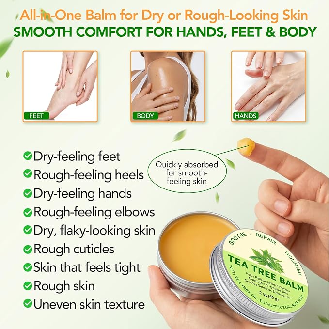 Meifenla Tea Tree Oil Balm,Premium Multi-Plant Complex Formula for Itching & Dry Skin - Moisturizing Care for Hands, Feet, Elbows & Knees | Non-Greasy For All Skin Types