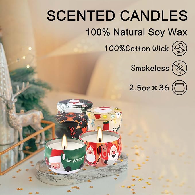 YOROXRG 36 Pack Christmas Scented Candles Gift Set 2.5oz Strong Fragrance jar Candles Natural Soy Wax Candles Portable Travel Tin Jar Candles Gifts for Home Scented Decoration Birthday Valentine'sDay