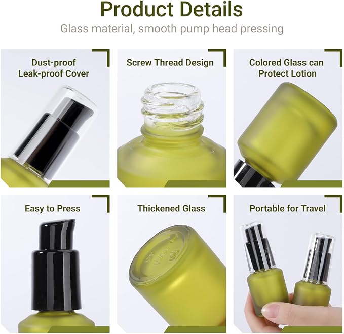 Segbeauty 0.5oz Frosted Glass Travel Size Containers for Lotions, 5pcs Mini Empty Lotion Bottles Pump Dispenser Refillable, 15ml Green Travel Containers for Creams, Small Hair Oil Pump Bottle Liquids