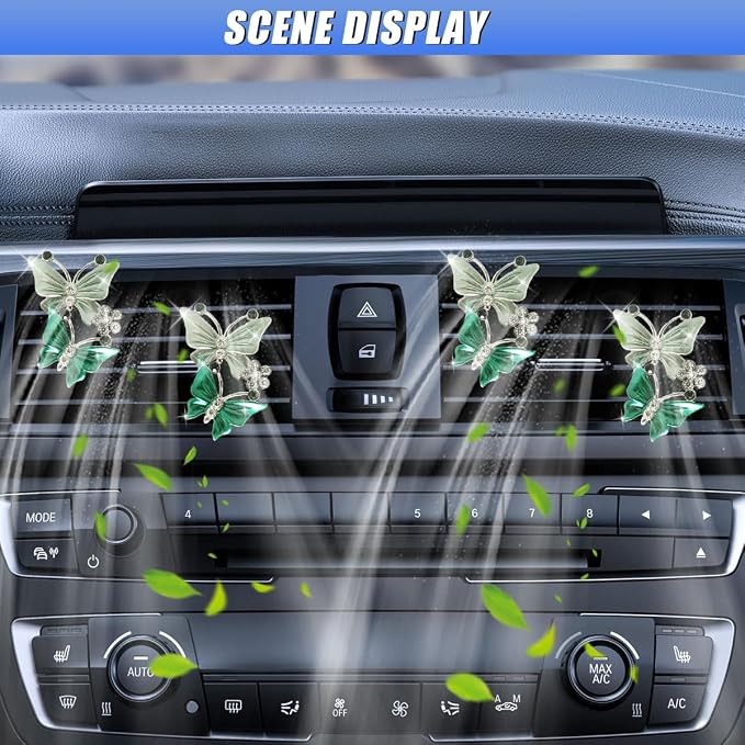 ZIMISI Car Vent Clip, Dual Butterfly Air Vent Clips, Bling Diamond Car Diffuser Clips, Cute Air Conditioning Outlet Decoration, Butterfly Car Accessories for Women (4Pcs/Green)