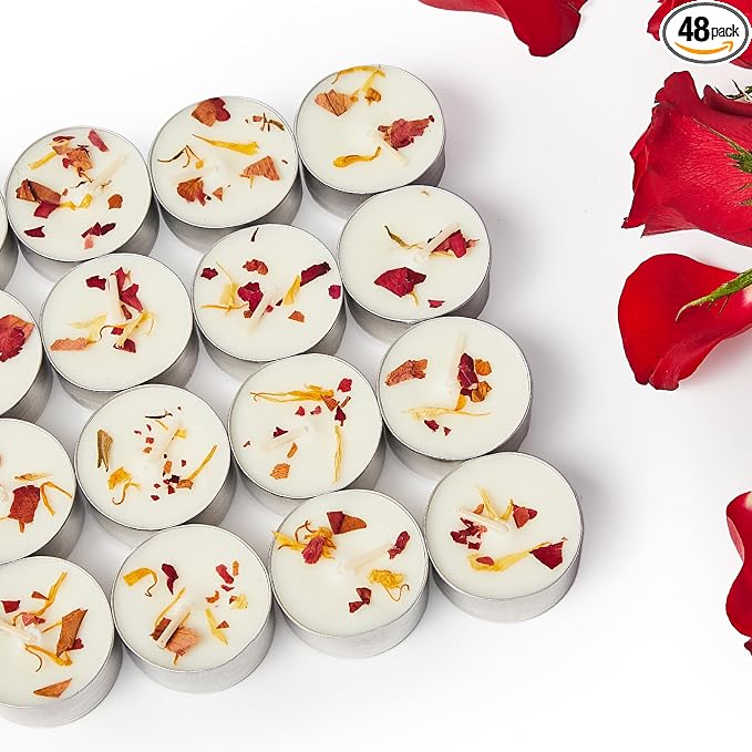 48 Pack Rose Scented Tealight Candles with Real Petals, Natural Soy Wax 6H Burn Time, Non-Toxic Smokeless Scented for Bath, Wedding, Decor