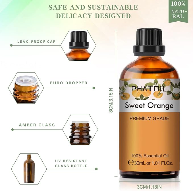 PHATOIL 30ML Sweet Orange Essential Oil, for Aromatherapy Diffusers, Humidifiers, Great for DIY Candle and Soap Making