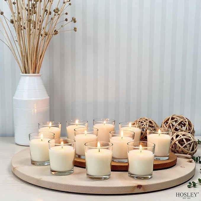 Hosley Set of 12 White Unscented Votive Candles in Clear Glass Holders - Hand Poured Soy Wax, 10-12 Hour Burn Time for Weddings & Home Decor