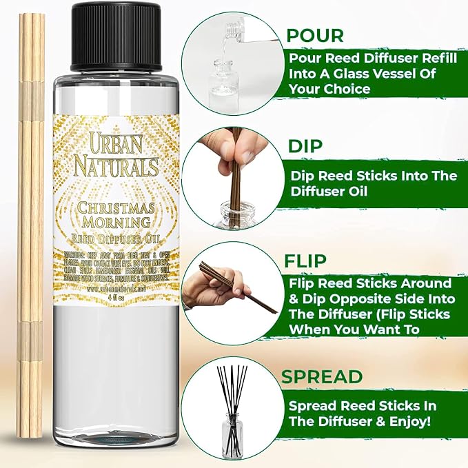 Urban Naturals Reed Diffuser Oil Refill Christmas Morning, Rosemary, Eucalyptus, Balsam Spruce, Orange, Essential Oils, 4 oz + Free Reed Sticks, Made in the USA