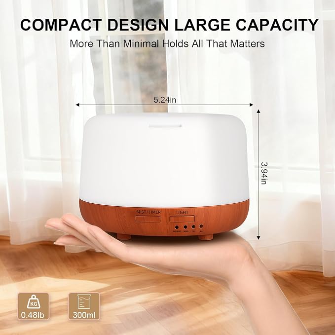 Marchred 300ML Essential Oil Diffuser, Small Aromatherapy Diffuser with Remote, 7-Color LED Light, 4 Timer Settings, Safe Auto-Off, for Bedroom, Desk, Home Office
