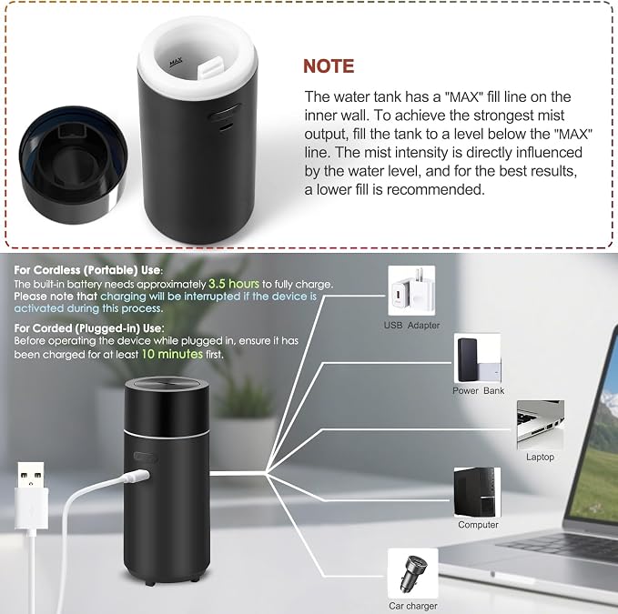 HODEMI Portable Smart Car Essential Oil Diffuser,Cordless Mini Cold Mist Aromatherapy Air Freshener Diffuser with Mode Memory,Auto On/Off,4/8 Timer Modes,for Bedroom Office and Travel (Black)