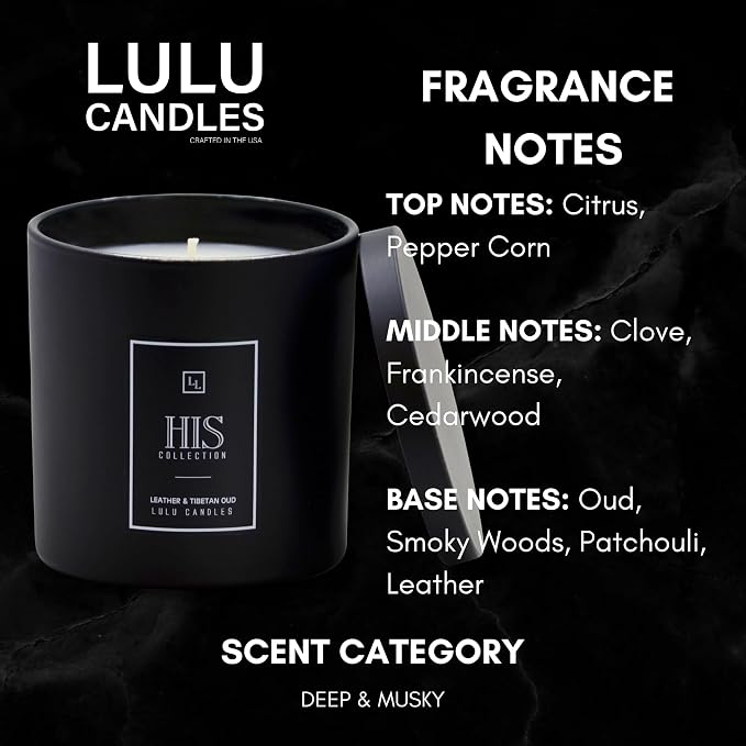 Lulu Candles | Leather & Tibetan Oud - His Collection | Luxury Scented Soy Jar Candle | Hand Poured in The USA | Highly Scented & Long Lasting- 9 Oz.