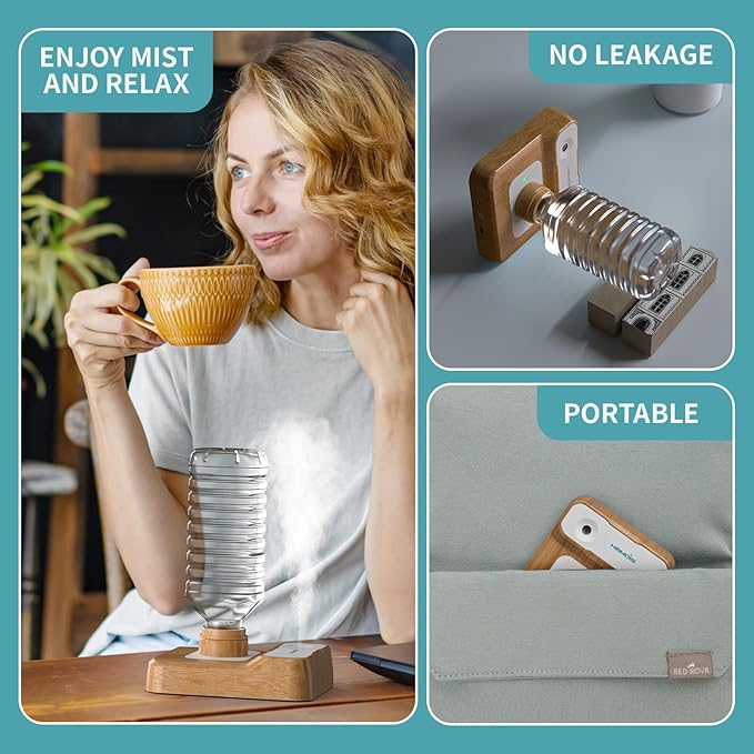 Travel Humidifier, Portable Humidifier for Plants, Bedroom, Office, Hotel or Car, 5000mAh Battery Operated Mini Cool Mist Humidifiers, Quiet 23dB, Auto-off, Night Light & BPA-Free, Wood Grain