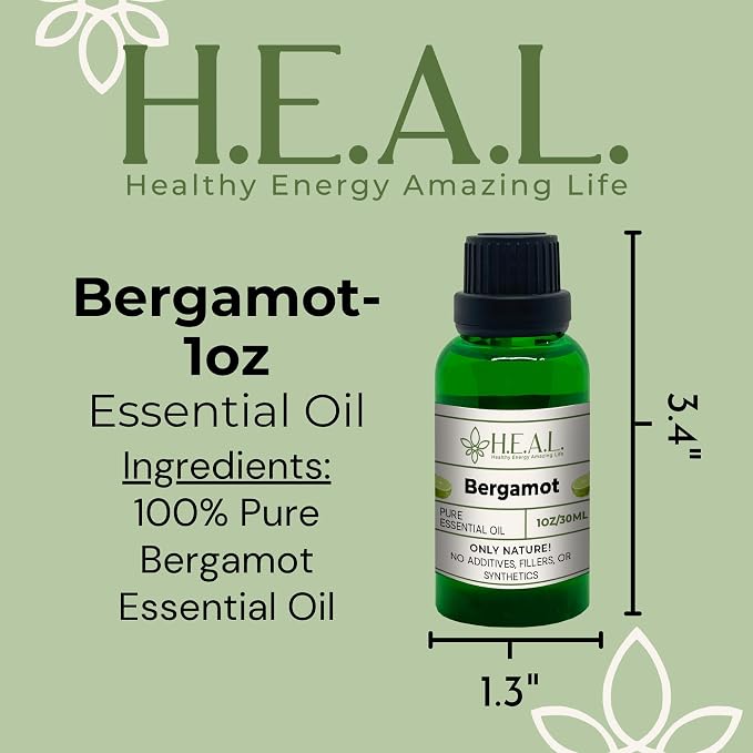 H.E.A.L. Bergamot Essential Oil – 100% Pure Steam Distilled Citrus Bergamot Aromatherapy Oil for Diffusers & DIY Blends 1oz