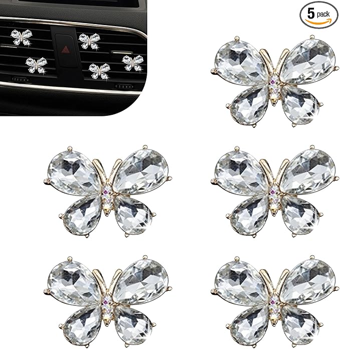 5PCS Bling Butterfly Car Air Vent Clips, Rhinestone-studded Vehicle Vent Trim Decor Accessories, Cute Creativity Crystal Butterfly Diffuser, Universal for Most Vehicles (White)