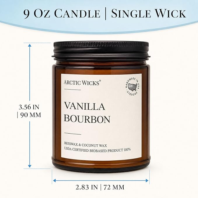 Vanilla Bourbon Candle | Arctic Wicks 9oz Coconut & Beeswax Candles | Scented Non-Toxic Candles for Fall, Winter, Holidays, Gifts for Him, Whiskey Bourbon, Vanilla Candle | USDA Certified Biobased