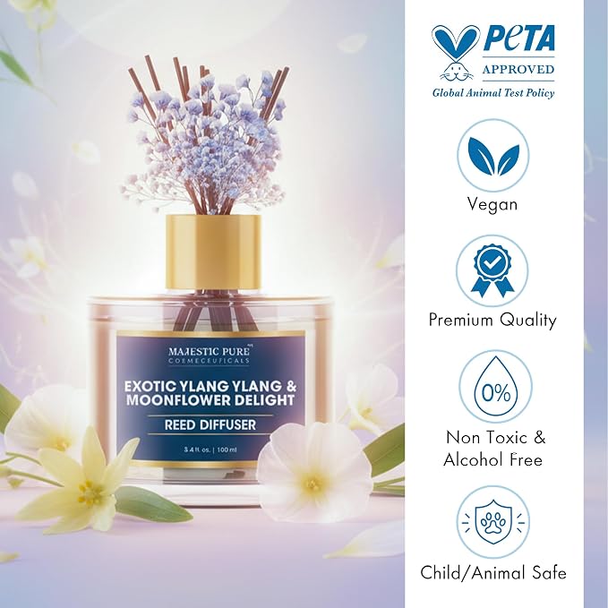Majestic Pure Ylang Ylang & Moonflower Reed Diffuser 3.4 Fl Oz | Long-Lasting Floral Fragrance for Home and Office